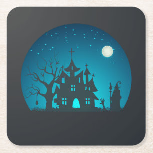 Scary and Fun Blue and Black Haunted House Square Paper Coaster