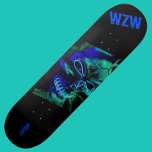 Scary Badass Neon Blue Skull Monogram Skateboard<br><div class="desc">A glowing scary skull in neon electric blue and teal green is presented centred against a black background, leaving room at both ends for a name and monogram in a rich blue and a compelling Erosion font. Great for Halloween, día de muertos / day of the dead AND anytime you're...</div>