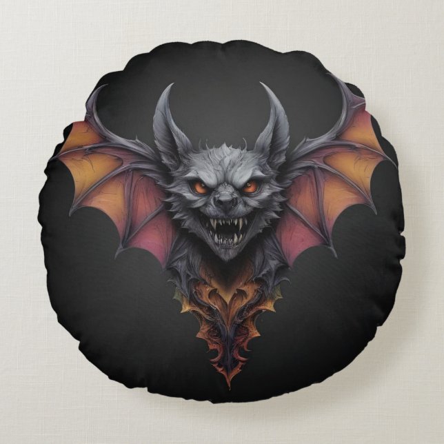 Scary Bat Ink Drawing, Round Cushion (Front)