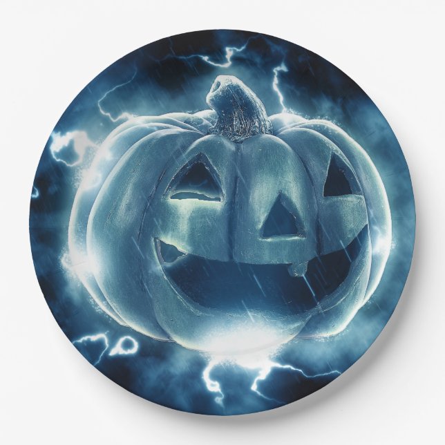 Scary Black and Blue Pumpkin Halloween Party   Pap Paper Plate (Front)
