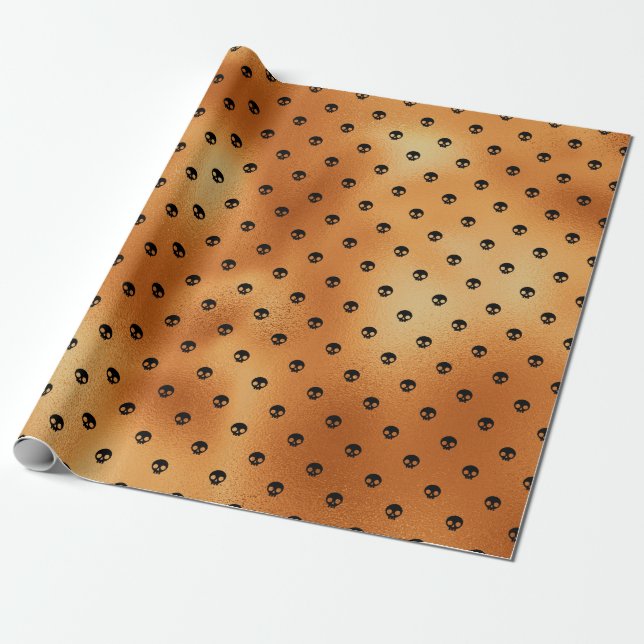 Scary Black and Copper Skull Pattern Wrapping Paper (Unrolled)