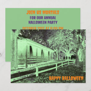 Scary Black and Green Cabin Woods Halloween Party  Invitation