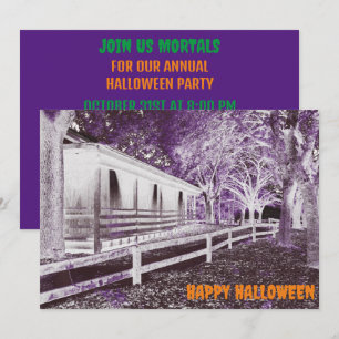 Scary Black and Purple Cabin Woods Halloween Party Invitation
