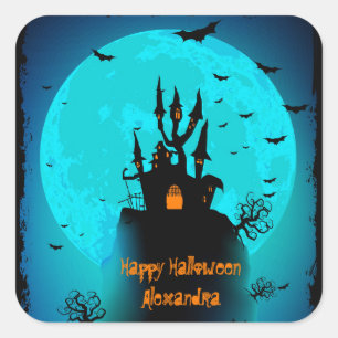 Scary Black & Blue Moon Happy Halloween Square Sticker