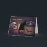 Scary Black Cat and Skull Halloween Happy Birthday Card<br><div class="desc">This Happy Birthday greeting card features a scary black cat and spooky skull with a potion bottle.  The greeting can be modified...  Inside Greeting ~ Wishing you a very Happy Birthday!   Hope it makes you want to hiss and scream.  *</div>