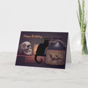 Scary Black Cat and Skull Halloween Happy Birthday Card