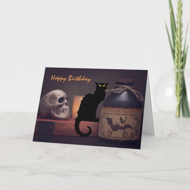 Scary Black Cat and Skull Halloween Happy Birthday Card (Front)