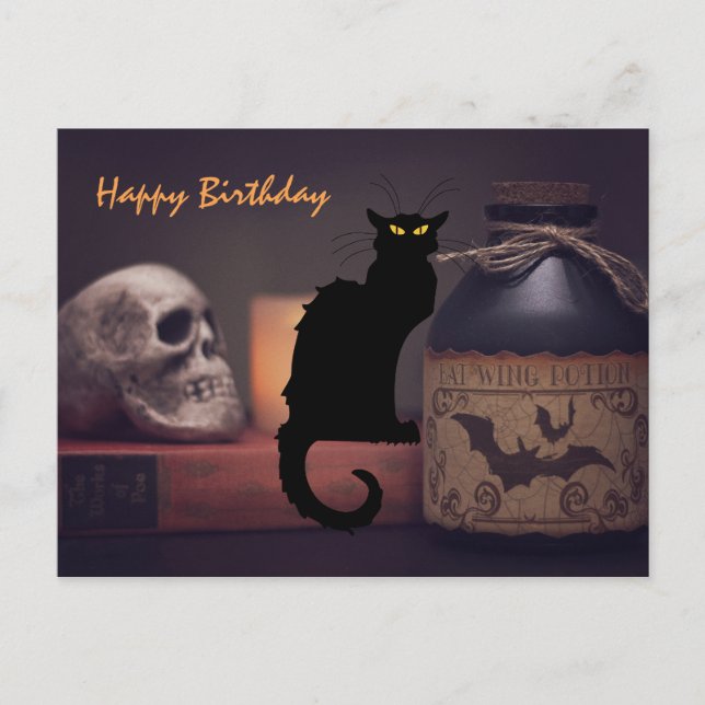 Scary Black Cat and Skull Halloween Happy Birthday Postcard (Front)