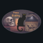 Scary Black Cat and Skull Happy Birthday Oval Sticker<br><div class="desc">This Happy Birthday sticker design features a scary black cat and spooky skull with a potion bottle.</div>