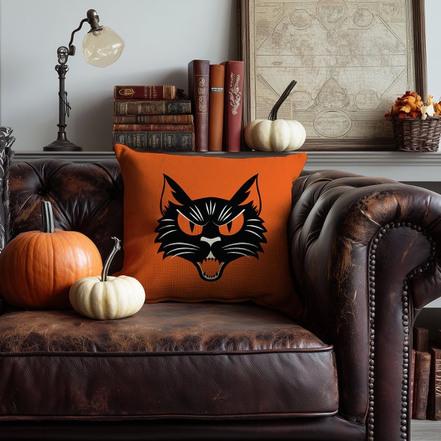 Scary Black Cat Face Halloween Orange and Black Cushion (orange vintage halloween style black cat face pillow)