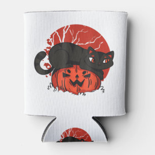 Scary Black Cat Pumpkin Face Jack Lantern Funny Ha Can Cooler