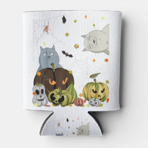 Scary Black Cat Pumpkin Face Jack o Lantern Funny Can Cooler