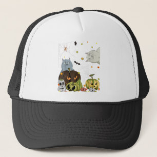 Scary Black Cat Pumpkin Face Jack o Lantern Funny Trucker Hat