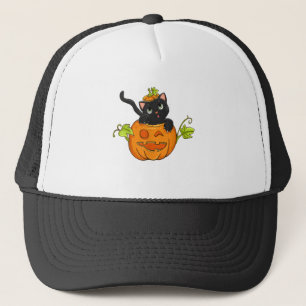 Scary Black Cat Pumpkin Face Lantern Funny Hallowe Trucker Hat