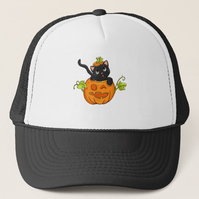 Scary Black Cat Pumpkin Face Lantern Funny Hallowe Trucker Hat (Front)
