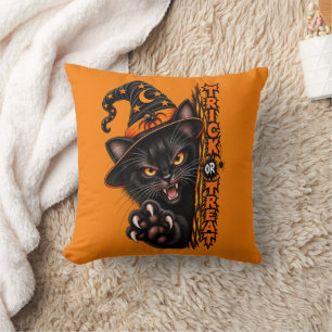 Scary Black Cat Witch Trick or Treat Halloween Cushion