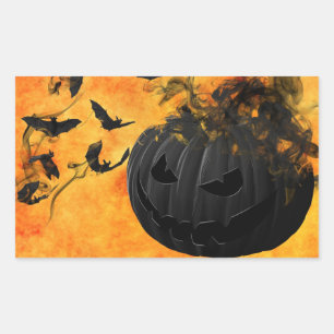 Scary Black Pumpkin and Bats Halloween Party Rectangular Sticker