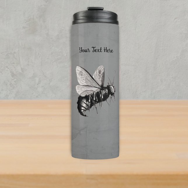 Scary Black White Bee Big Eyes Skulls Wings Grey Thermal Tumbler (Scary bee big eyes skull crossbones on wings on grey thermal drink bottle.)