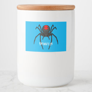 Scary black widow spider cartoon illustration food label