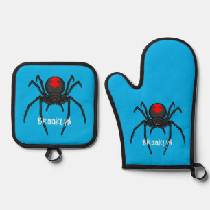 Scary black widow spider cartoon illustration oven mitt & pot holder set