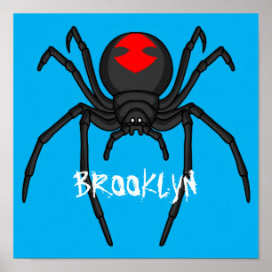 Scary black widow spider cartoon illustration poster