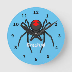 Scary black widow spider cartoon illustration round clock