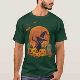 Scary Black Witch Cat Vintage Halloween Pumpkin T-Shirt