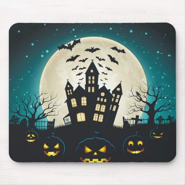 Scary Blue and Black Haunted House Halloween Mouse Pad (Front)