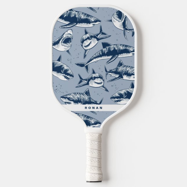 Scary Blue Shark Pattern | Name Pickleball Paddle (Front)