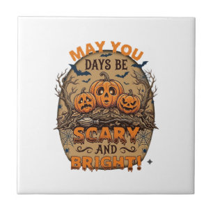 Scary Bright Halloween Pumpkins Bats Broomstick_1 Ceramic Tile