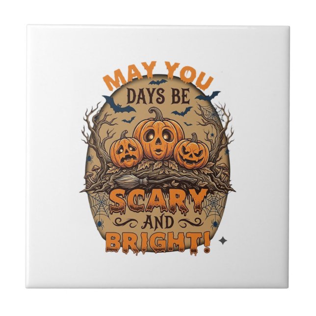 Scary Bright Halloween Pumpkins Bats Broomstick_1 Ceramic Tile (Front)
