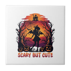 Scary But Cute Halloween Bat Girl Pumpkins Haunted Ceramic Tile