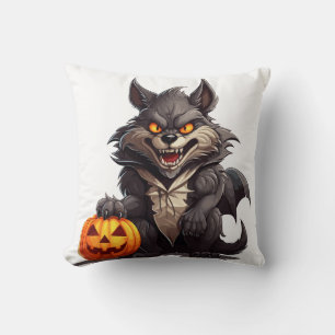 Scary cartoon wolf with a Halloween pumpkin Cushion