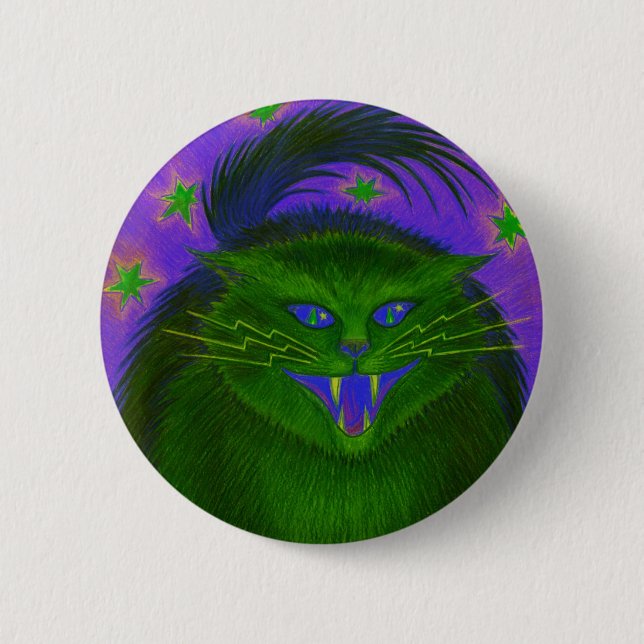 Scary Cat Green button round (Front)