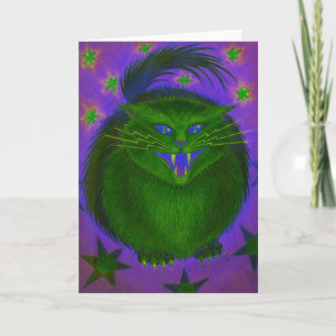 Scary Cat Green greetings card