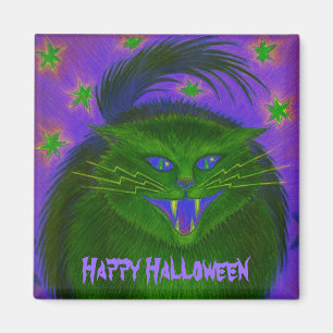 Scary Cat Green 'Happy Halloween' fridge magnet