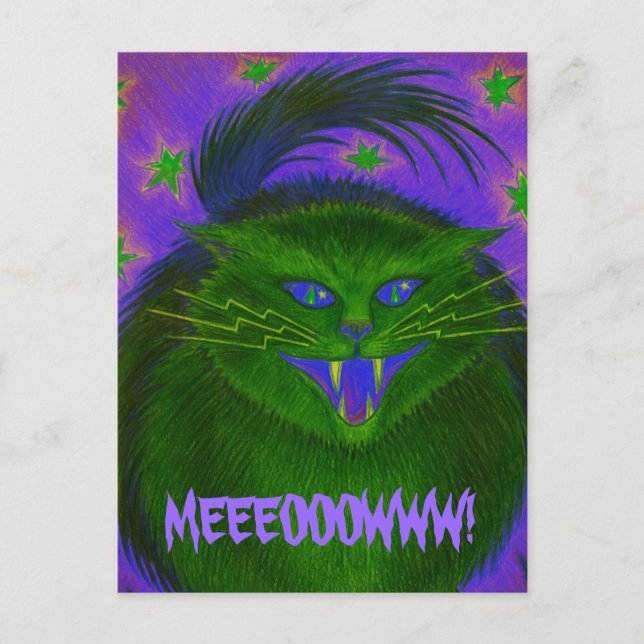 Scary Cat Green 'MEEEOOOWWW!' postcard (Front)