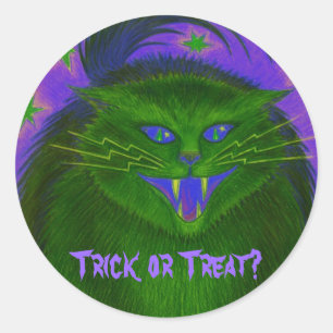Scary Cat Green 'Trick or Treat?' sticker