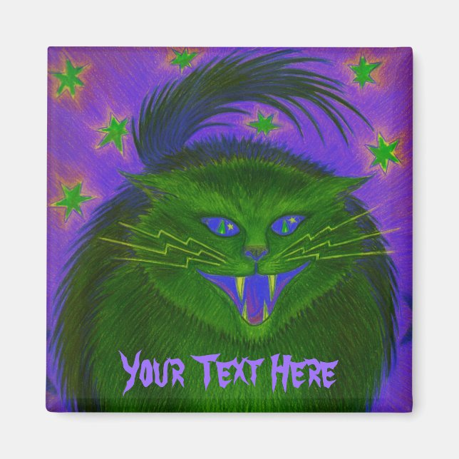 Scary Cat Green 'Your Text' fridge magnet (Front)
