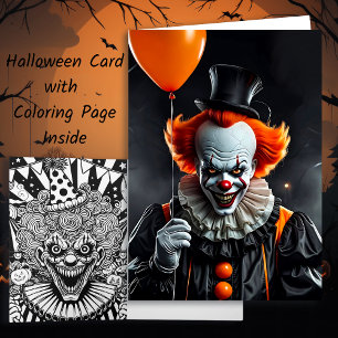 Scary Clown Halloween and Colouring Page Card