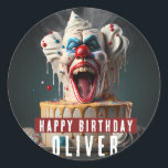Scary clown themed Birthday Classic Round Sticker<br><div class="desc">Birthday stickers featuring a Scary clown themed birthday cake with "Happy Birthday",  all-caps bold font. Personalise it by adding your name(s).</div>