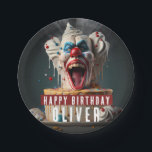 Scary clown themed Birthday Paper Plate<br><div class="desc">A scary birthday paper plate featuring a scary clown themed birthday cake with "Happy Birthday",  all-caps bold font. Personalise it by adding your name(s).</div>