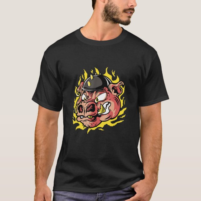 Scary creepy spooky angry pig face helmet T-Shirt (Front)