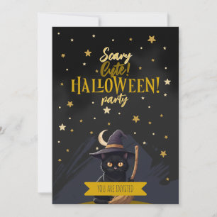 Scary Cute Black Cat Witch Hat Halloween Party Invitation