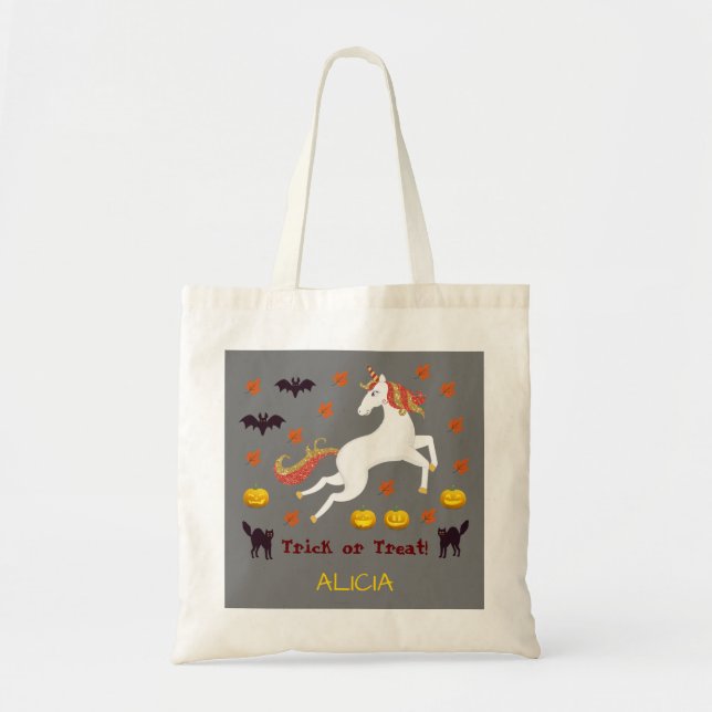Scary Cute Halloween Unicorn Pumpkins Bats Grey Tote Bag (Front)
