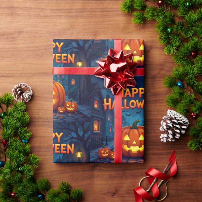 Scary Cute Pumpkins, Ghosts & Spider Web Design Wrapping Paper (Holiday Gift)