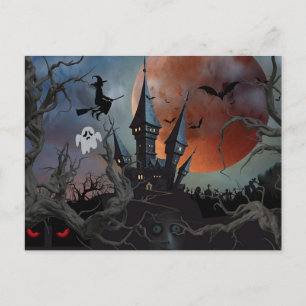 Scary Dark Halloween Night with Moon, Witch Postcard