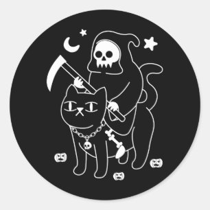 Scary Death Skeleton Ride Black Cat Halloween Classic Round Sticker