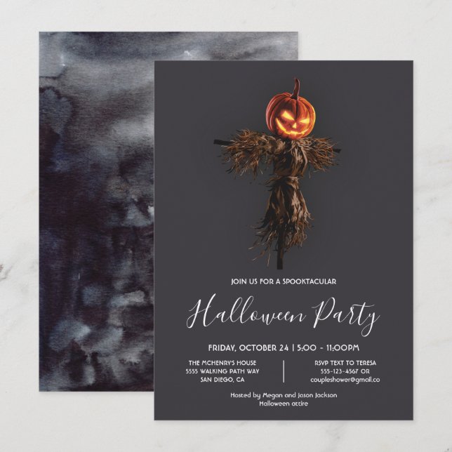Scary Elegant Pumpkin Scarecrow Halloween Party In Invitation (Front/Back)