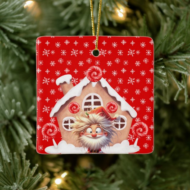 Scary Elf Candy Gingerbread House Ceramic Ornament (Tree)